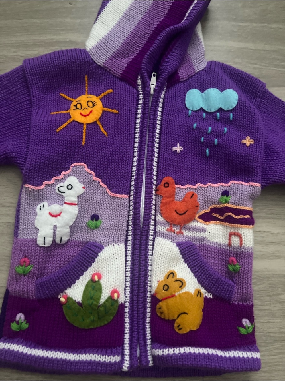 Hand Knit Peruvian Purple Hooded Zip Sweater Jacket Llama Alpaca Kids